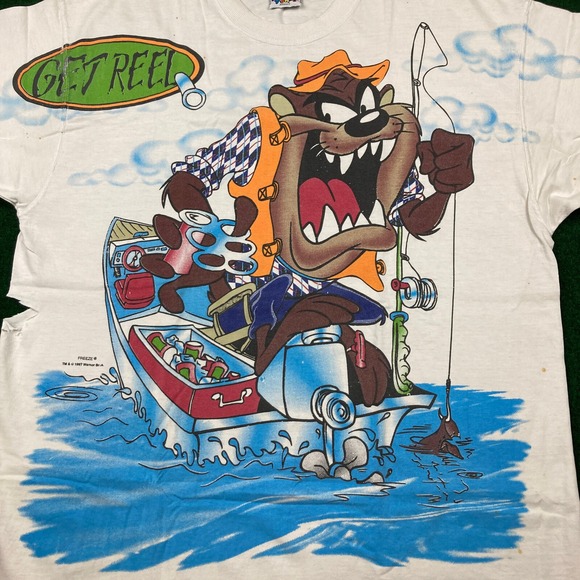 Vintage Tasmanian Devil Shirt Mens XL White 1997 Taz Fishing Get Reel AOP 90s - Picture 3 of 16